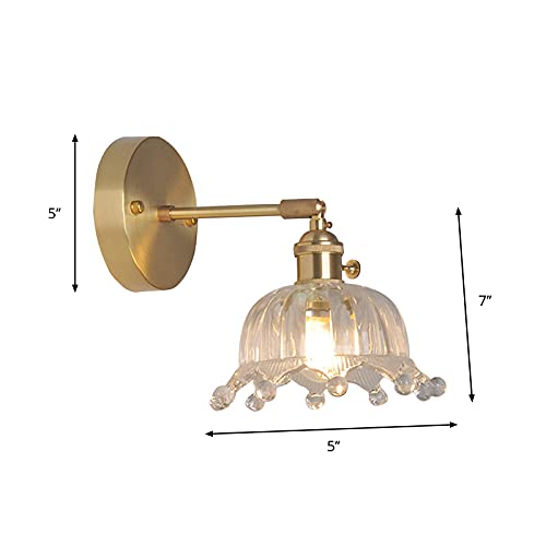 CraftThink LED Wall Sconce, Brass Finish Single-Bulb Wall Lamp Rustic Clear Ribbed Glass Crown Wall Mounted Lighting with Swing Arm for Bedside lamp Living Room Porch Hallway Restaurant Foyer-H