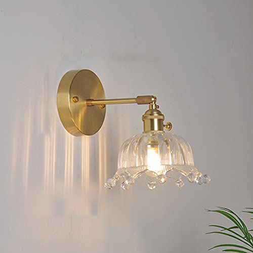 CraftThink LED Wall Sconce, Brass Finish Single-Bulb Wall Lamp Rustic Clear Ribbed Glass Crown Wall Mounted Lighting with Swing Arm for Bedside lamp Living Room Porch Hallway Restaurant Foyer-H