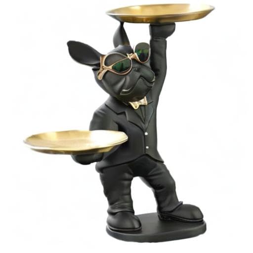 Adorable French Bulldog Statue with 2 Trays and Cute Glasses Black