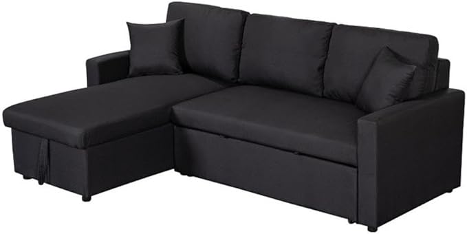 Reversible Fabric Sleeper Sofa Bed & Chaise with Cup Holder-Beige