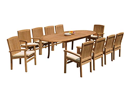 10 Seats 11 Pcs Grade-A Teak Wood Dining Set: 94" Double Extension Oval Table