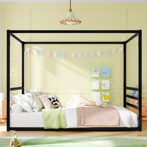 Size Montessori Floor Bed for Kids, Canopy Bed Frame with Guardrails