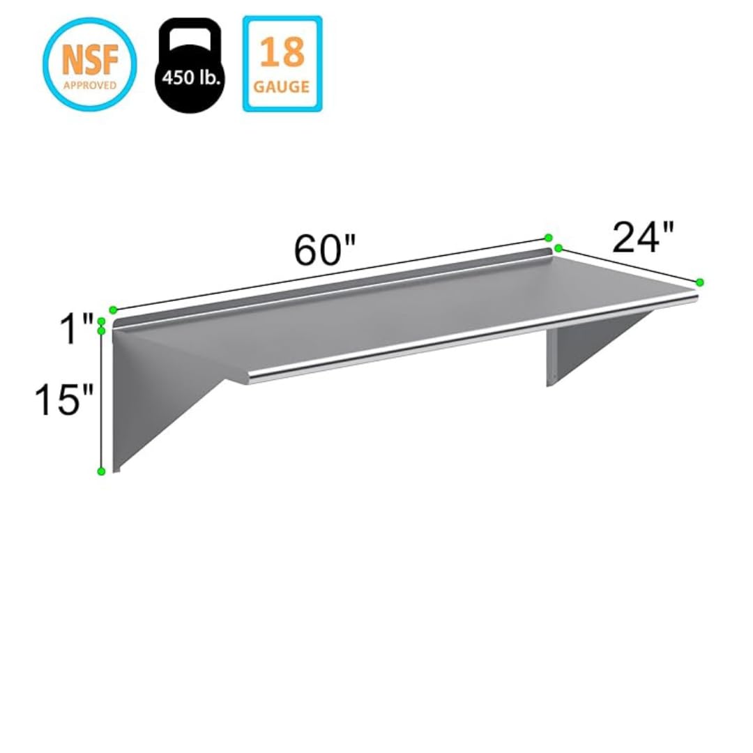 Express KitchQuip Stainless Steel Wall Shelf | Metal Shelving | Garage, Laundry, Storage, Utility Room | Restaurant, Commercial Kitchen | NSF Certified | (24” x 60”)