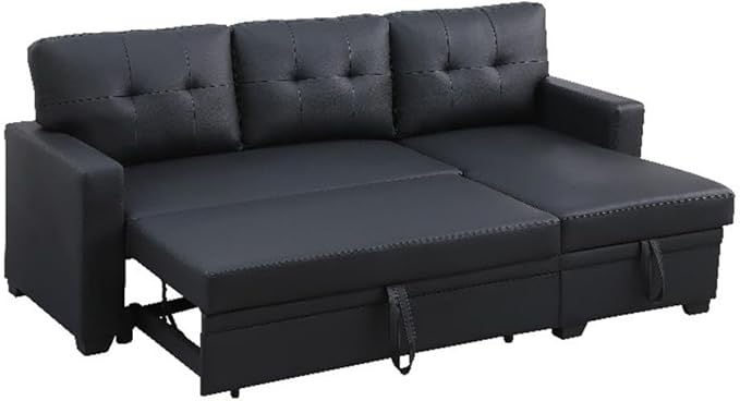 Reversible Fabric Sleeper Sofa Bed & Chaise with Cup Holder-Beige