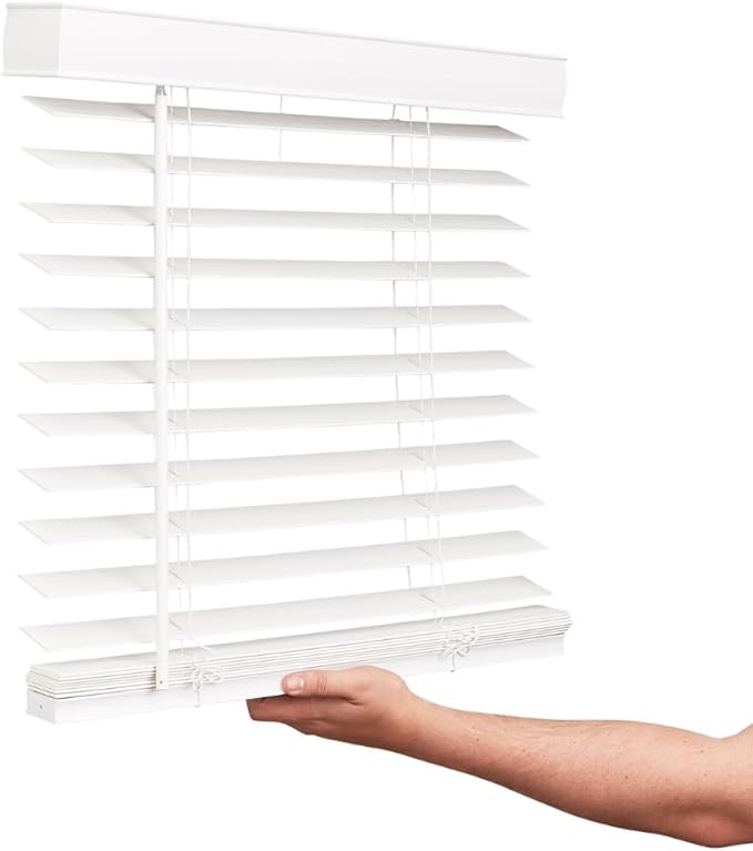 Cordless Faux Wood Blinds, 35" Wide x 84" Long, Smooth, Snow White