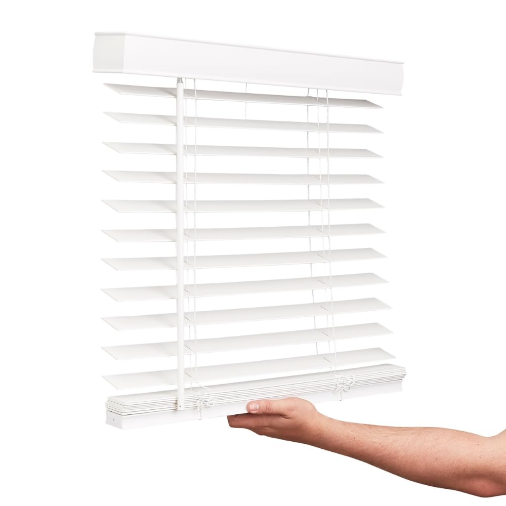 Cordless Faux Wood Blinds, 35" Wide x 84" Long, Smooth, Snow White