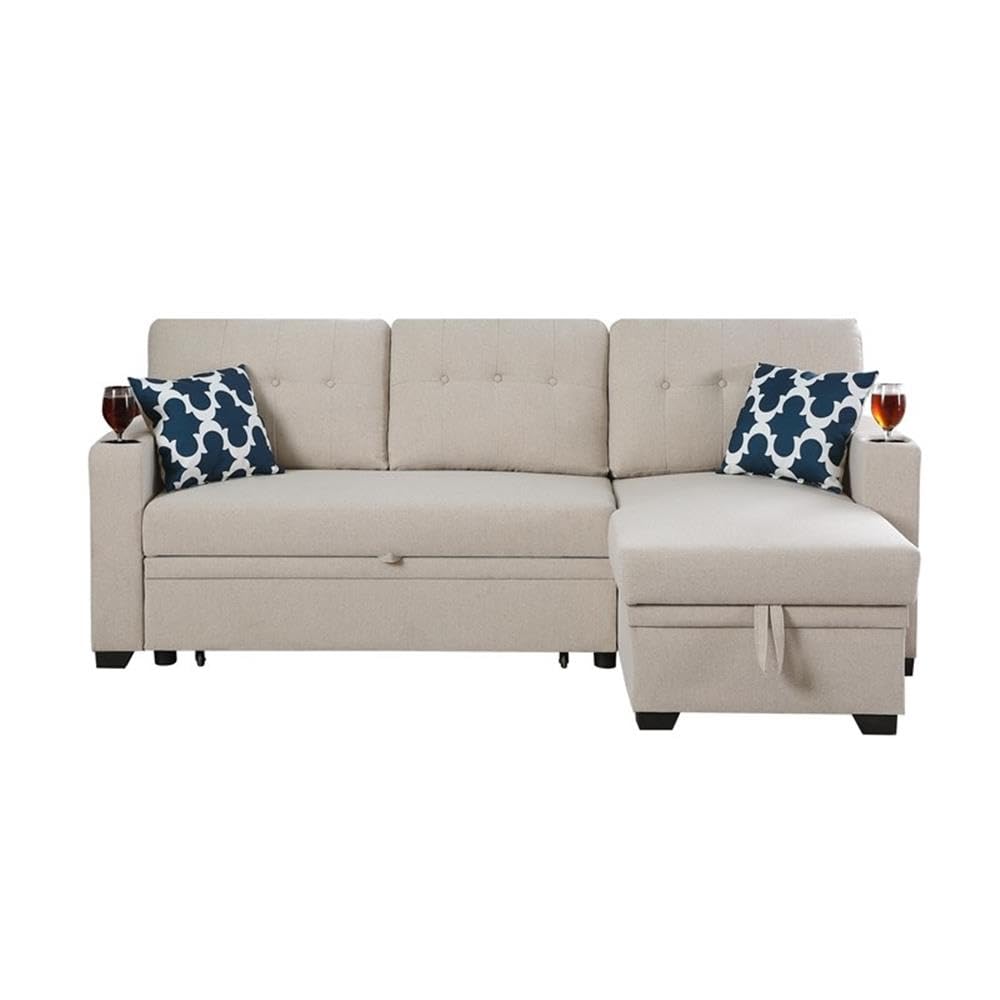 Reversible Fabric Sleeper Sofa Bed & Chaise with Cup Holder-Beige