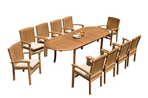 10 Seats 11 Pcs Grade-A Teak Wood Dining Set: 94" Double Extension Oval Table