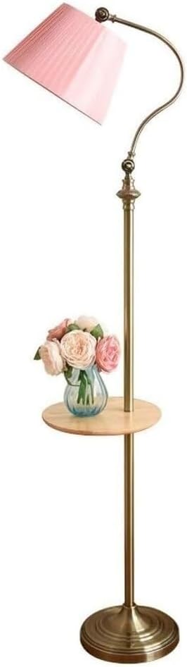 Floor Lamp Standing Light Adjustable Iron Floor Lamp with Wooden Table Fabric Lampshade