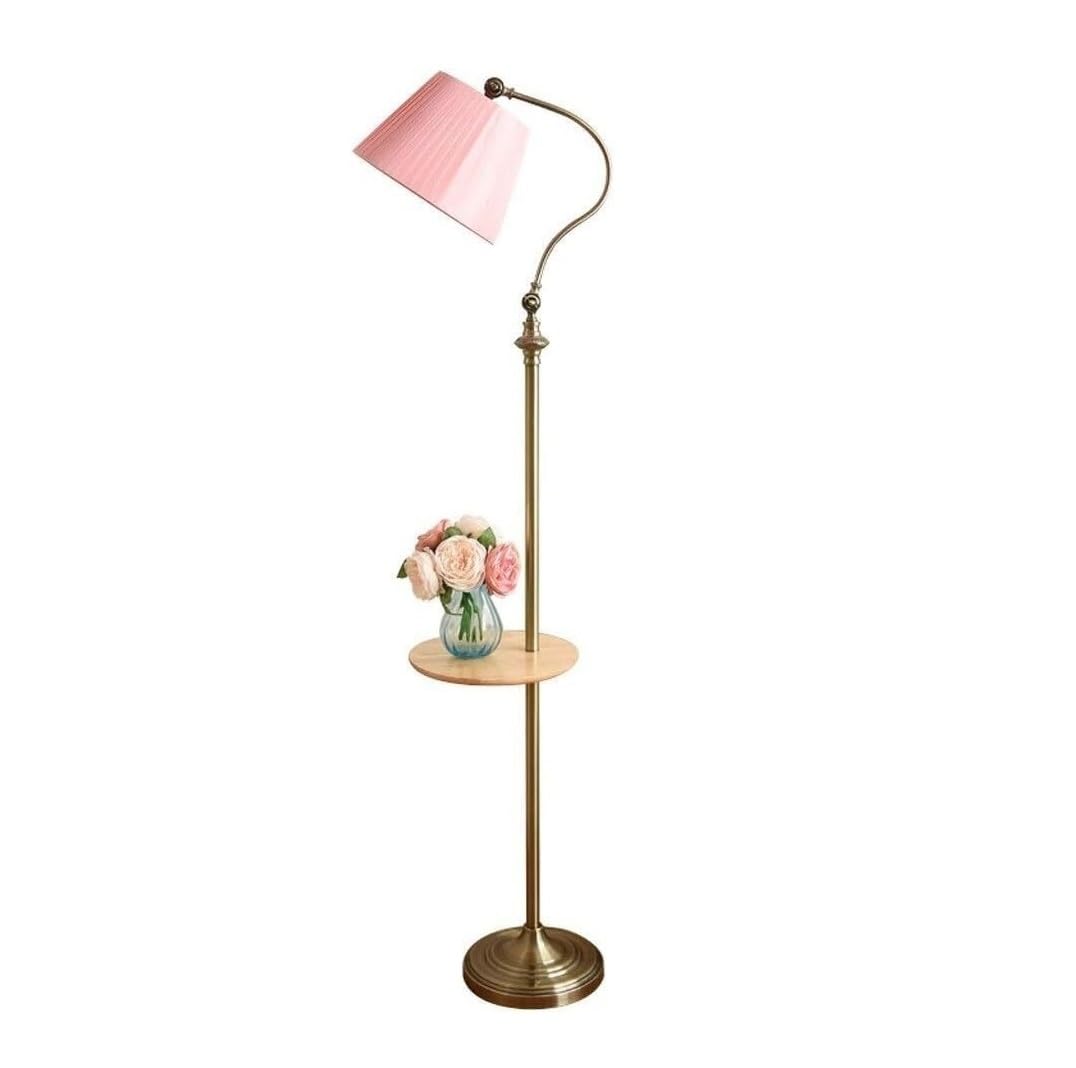 Floor Lamp Standing Light Adjustable Iron Floor Lamp with Wooden Table Fabric Lampshade
