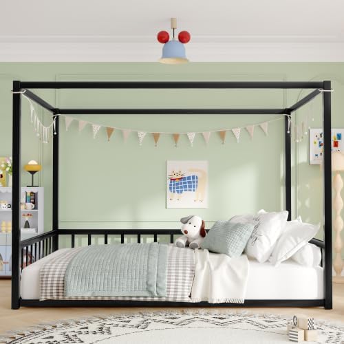 Size Montessori Floor Bed for Kids, Canopy Bed Frame with Guardrails