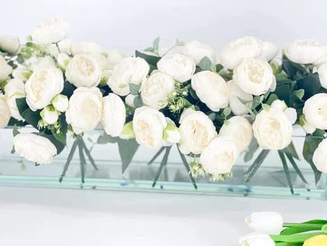 Modern Long White Rose Peony Arrangement, Artificial Faux Centerpiece Floral Flower