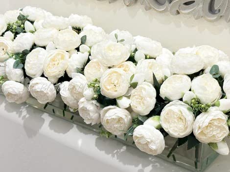 Modern Long White Rose Peony Arrangement, Artificial Faux Centerpiece Floral Flower