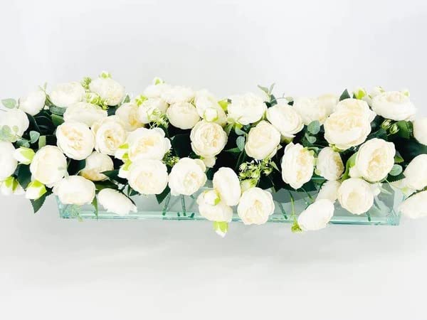 Modern Long White Rose Peony Arrangement, Artificial Faux Centerpiece Floral Flower