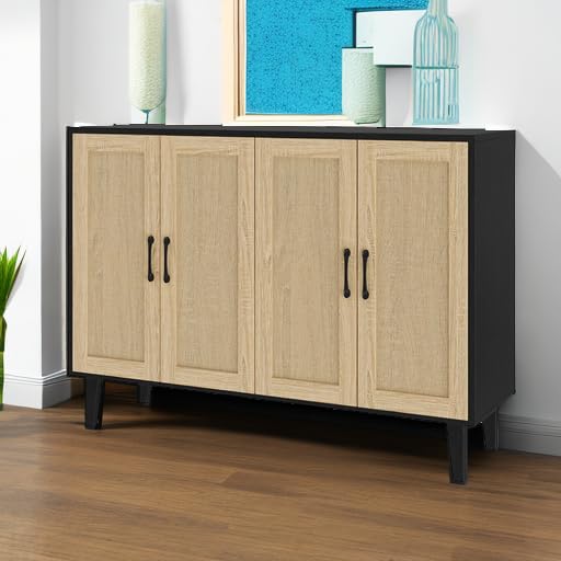 Buffet Storage Cabinet with Rattan Decorating 4 Doors Living Room Kitchen