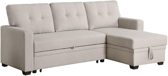 Reversible Fabric Sleeper Sofa Bed & Chaise with Cup Holder-Beige