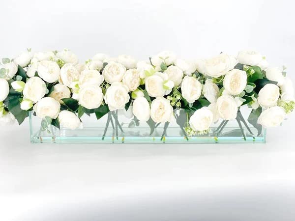 Modern Long White Rose Peony Arrangement, Artificial Faux Centerpiece Floral Flower