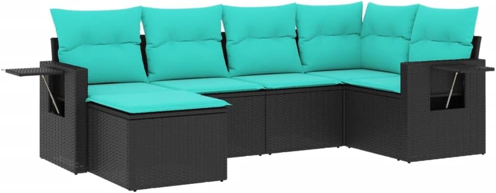 Patio Sofa Set - Outdoor Seating 6 Piece - PE Rattan Black - Cushions Included