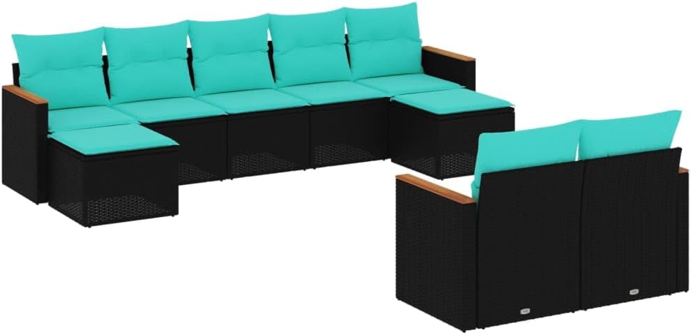 Patio Sofa Set with Cushions - 9 Piece Black Poly Rattan Outdoor Furniture
