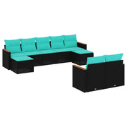 Patio Sofa Set with Cushions - 9 Piece Black Poly Rattan Outdoor Furniture