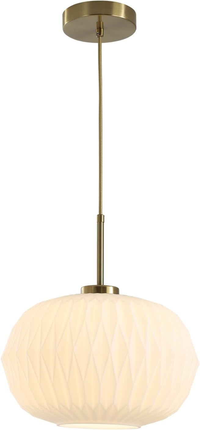 Modern White and Gold Pendant Lights Kitchen Island Mid Century Single Milk Glass