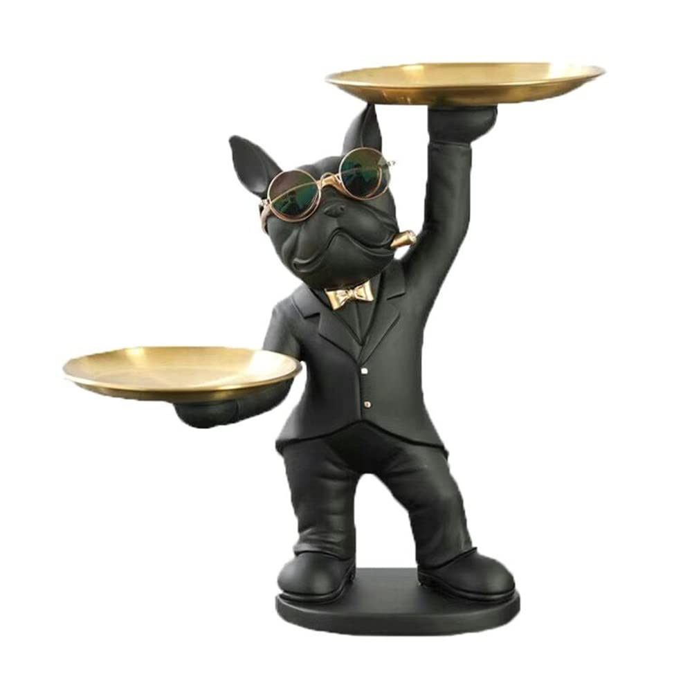 Adorable French Bulldog Statue with 2 Trays and Cute Glasses Black
