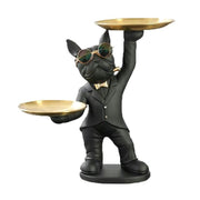 Adorable French Bulldog Statue with 2 Trays and Cute Glasses Black