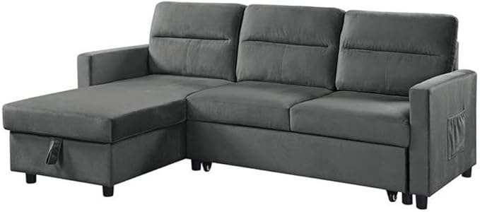 Reversible Fabric Sleeper Sofa Bed & Chaise with Cup Holder-Beige