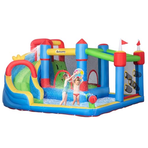6-in-1 Inflatable Bounce House with Slide, Climbing Wall, Water Cannon