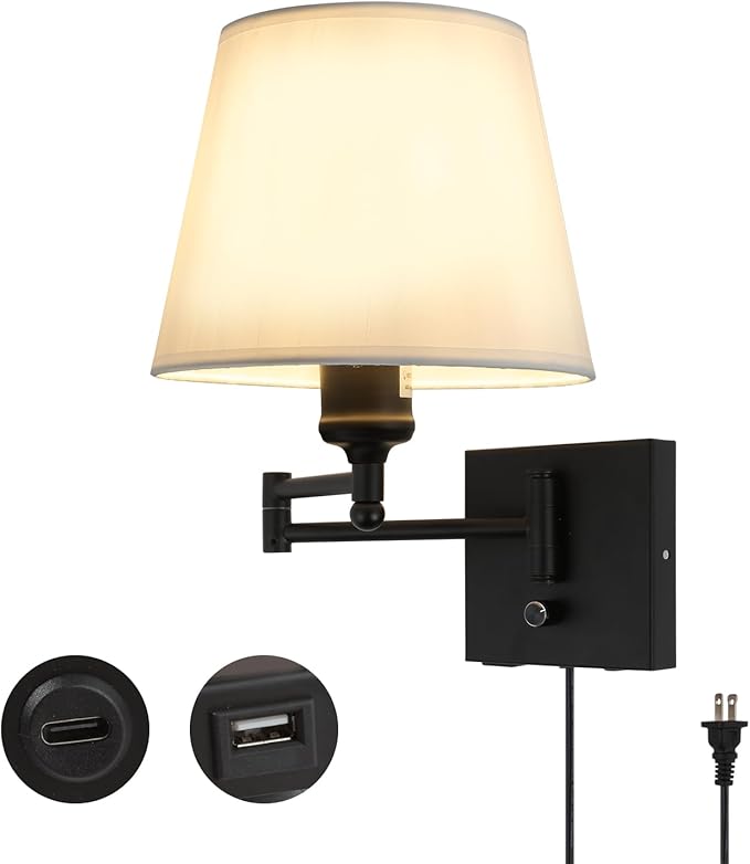 Wall Mount Light with Dimmable Switch, Swing Arm Fabric Shade Wall Sconce