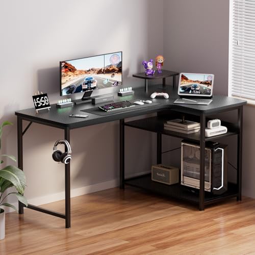 L Shaped Gaming Desk, Carbon Fiber Style Computer Desk with Monitor Shelf and Hook