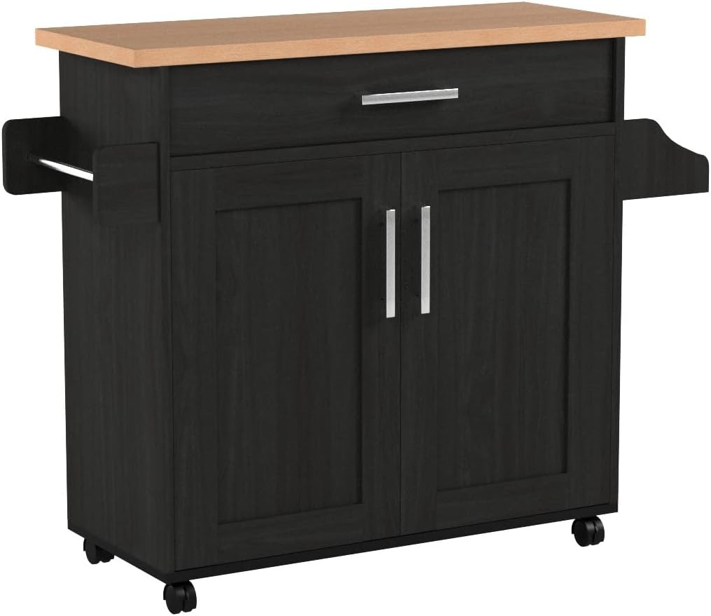 Hodedah Kitchen Island with Spice Rack, Towel Rack & Drawer, Black with Beech Top