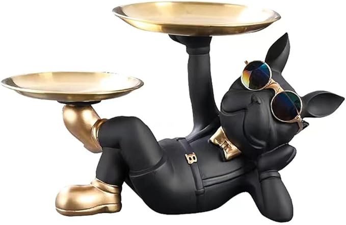 Adorable French Bulldog Statue with 2 Trays and Cute Glasses Black