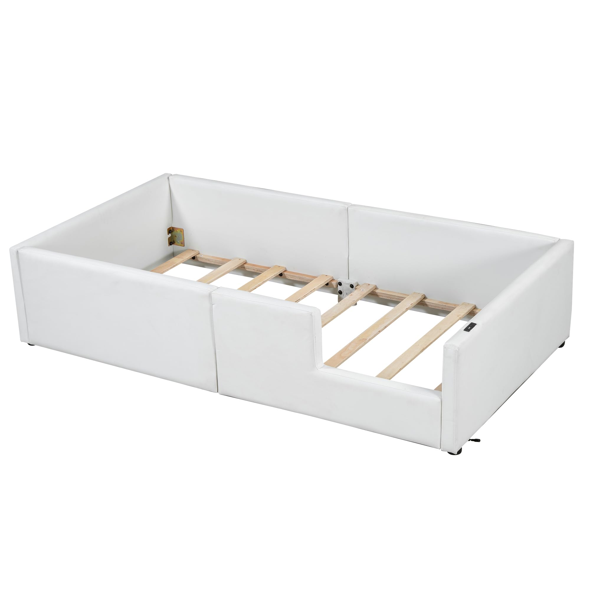 Twin Size Upholstered Floor Bed with Guardrail, Cute Platform Bed