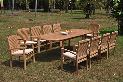 10 Seats 11 Pcs Grade-A Teak Wood Dining Set: 94" Double Extension Oval Table
