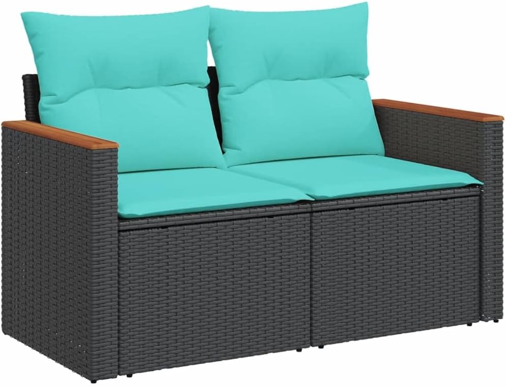 Patio Sofa Set with Cushions - 9 Piece Black Poly Rattan Outdoor Furniture