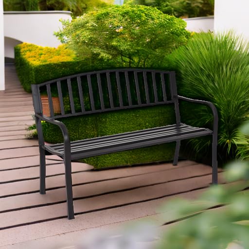 Outdoor Bench, 50” Patio Garden Bench with Steel Frame, Slat Design