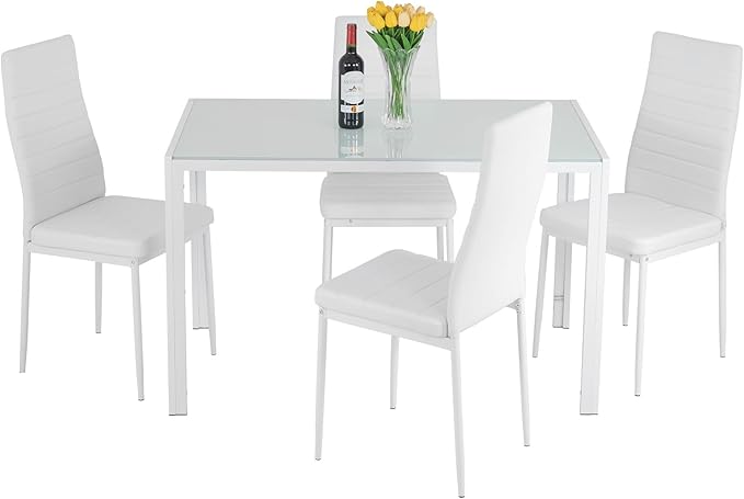 Dining Room Table Set 5-Piece Kitchen with 4 Faux Leather Metal Frame