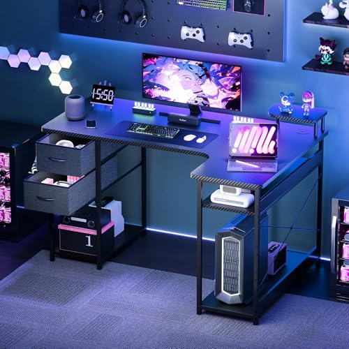 L Shaped Gaming Desk, Carbon Fiber Style Computer Desk with Monitor Shelf and Hook