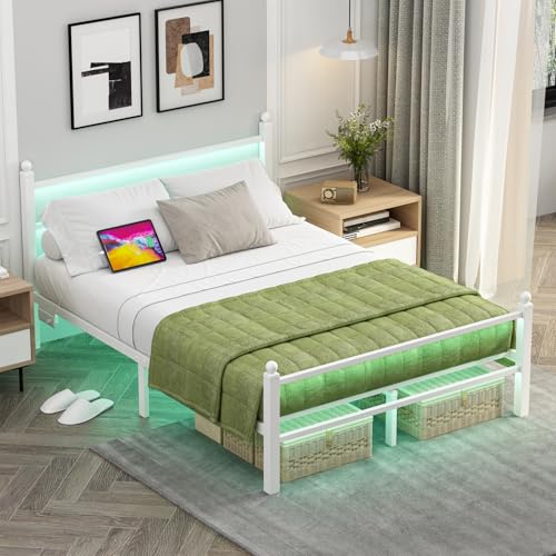 Full Size Bed Frame With Charging Station & LED Lights, Full Metal Platform Bed Frame