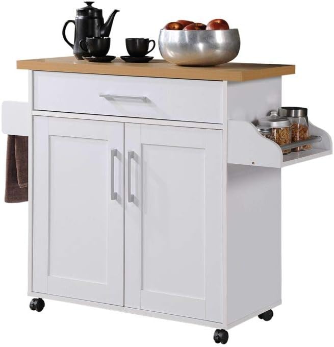 Island with Spice Rack, Towel Rack & Drawer, White with Beech Top