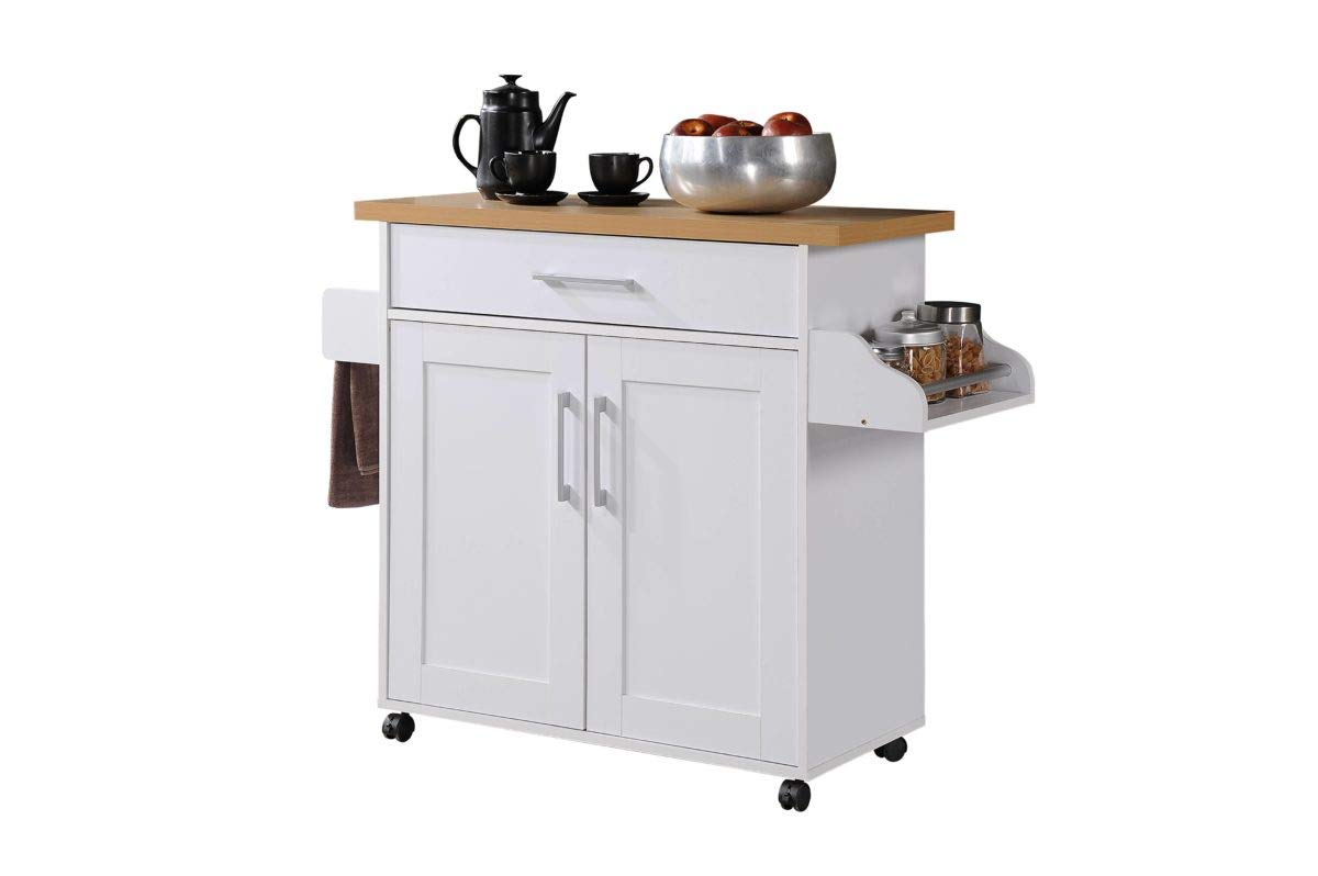 Island with Spice Rack, Towel Rack & Drawer, White with Beech Top