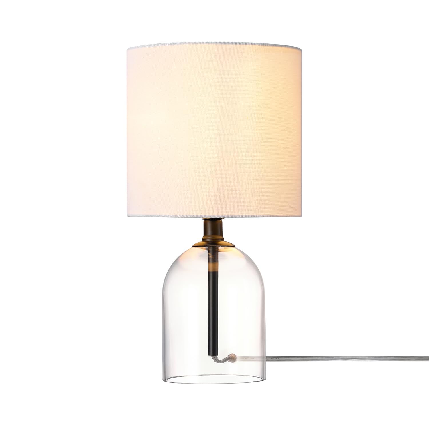 Glass Base, Matte Black Finish, White Linen Shade, Rotary Switch on Socket