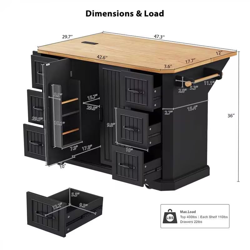 Farmhouse Kitchen Island with Drop Leaf & Power Outlet,56" Folding Kitchen Table with 6 Drawers and 4 Shelves,Rolling Kitchen Cart with Beveled Edges,Dining Island Table with Towel Rack (Black-2)