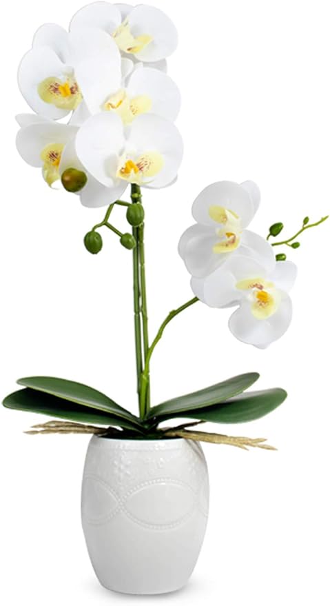 Realistic Orchid Artificial Flower Arrangement with Bamboo Ceramic Pot, White