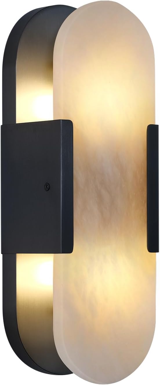13.8 in Matte Black Alabaster Wall Sconces, Natural Marble Wall Sconces Indoor Alabaster