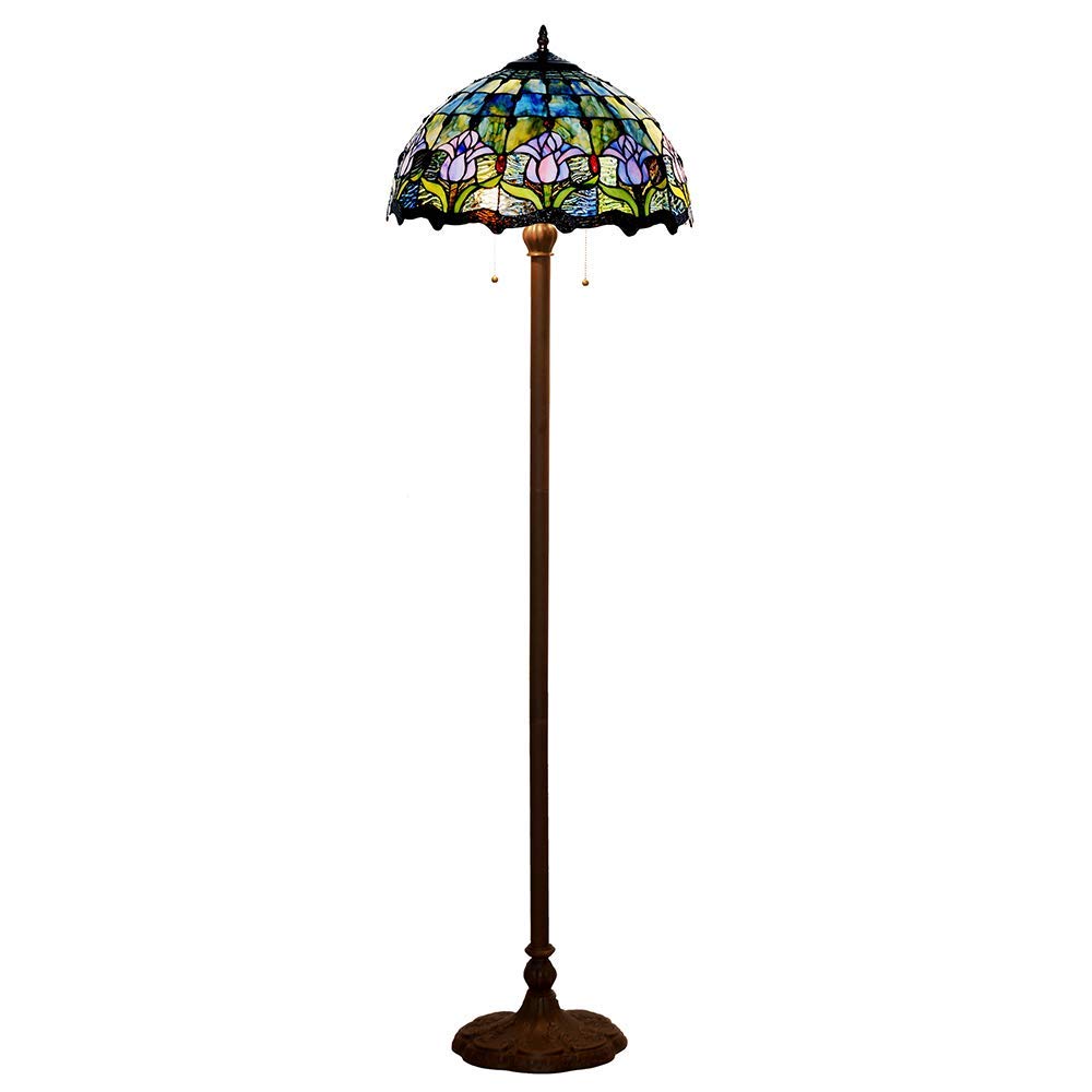 Tiffany Style Floor Lamp 16 Inch Wide Blue Tulip Design Stained Glass Shade 2-Light Iron