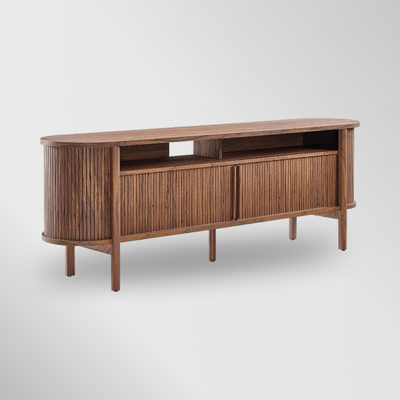 71 Inch Fluted TV Stand in Walnut Wood Grain - Mid-Century Modern Media Storage