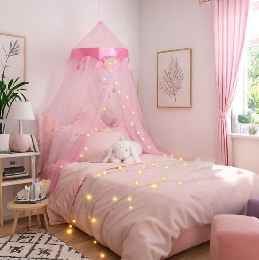 Bed Canopy with Lights for Girls, Princess's Birthday Gift - Over Star Element Decorate