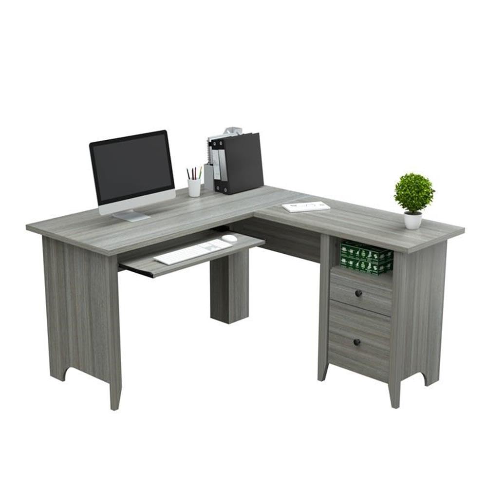 2-Drawer L-Shaped Computer Desk with Pull-Out Keyboard Tray, Cubicle Storage